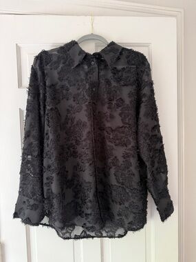 H&M Black Textured Sheer Button-Down Shirt